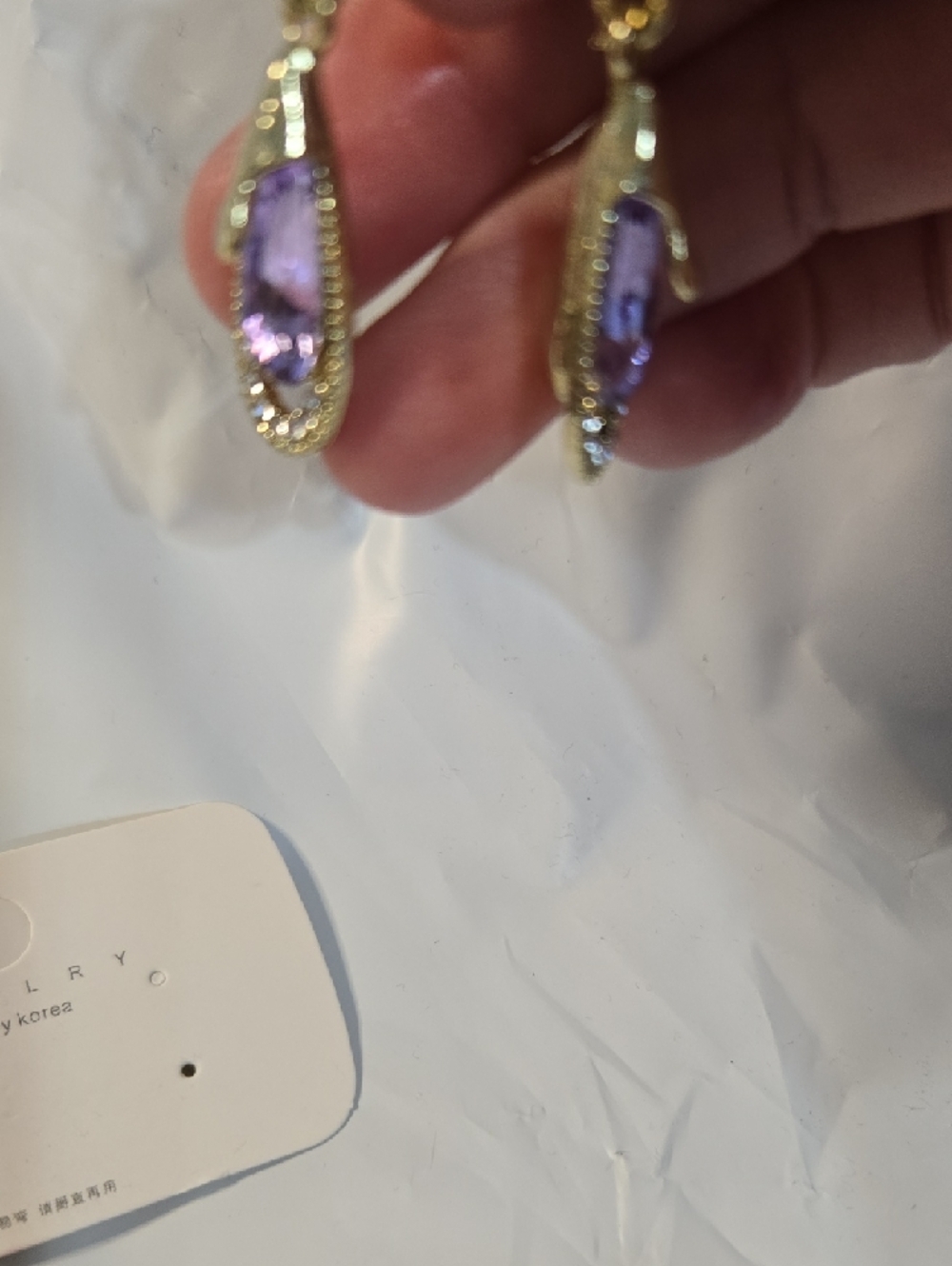 Fashion Jewelry Gold Drop Earrings with Purple Stones ☆ - Picture 4 of 5